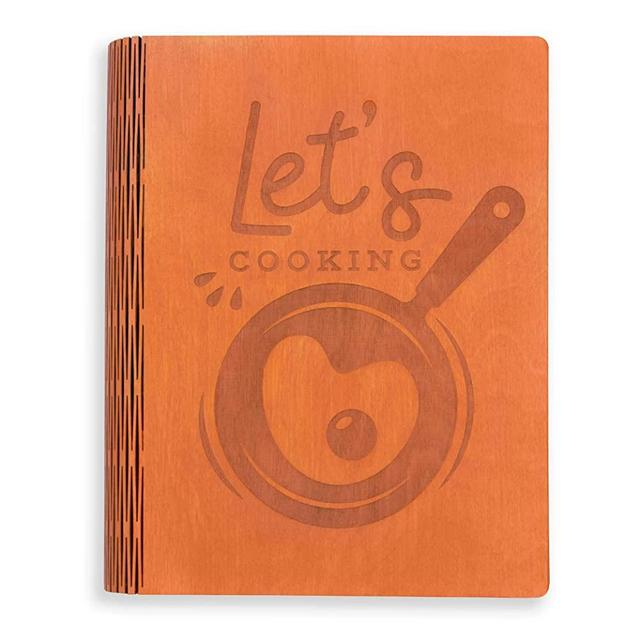 A5 Wooden Blank Recipe Book to Write in (7.5 x 6 inch) - Cook Book with 80 Sheets for Handwritten Recipes - Hardcover Family Kitchen Journal and Recipe Keeper (Orange)