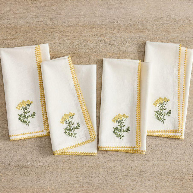 Botanical Embroidered Cotton/Linen Napkins, Set of 4 - Yellow