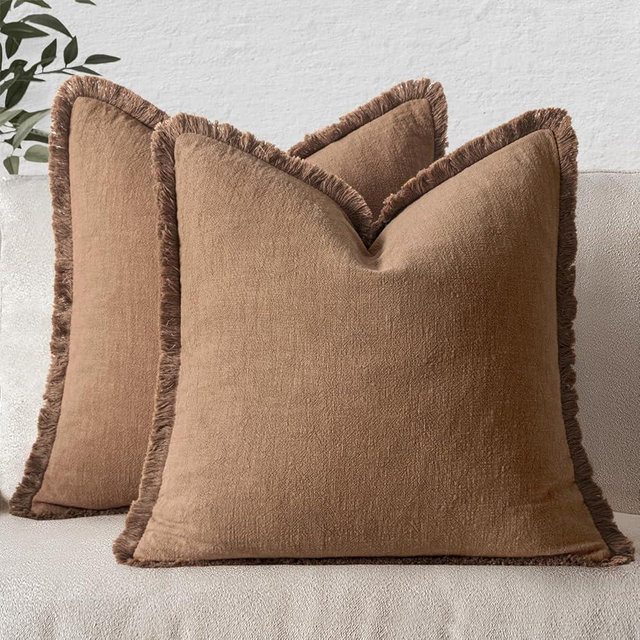 MIULEE Decorative Throw Pillow Covers Neutral Linen Fringe Throw Pillows Set of 2 Brown Boho Farmhouse Cushion Covers with Tassels for Couch Sofa Bed Living Room Spring Home Decor 18x18 Inch