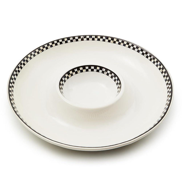 MACKENZIE-CHILDS Everyday Chip and Dip Bowl, Dishwasher-Safe Stoneware Chip Bowl, Black-and-White Courtly Check