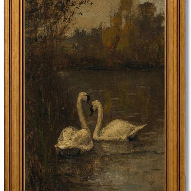 Gold Framed Vintage Swan Canvas Wall Art Romantic Swan Lovers Painting Picture Wall Decor Rustic Animal Poster Print Artwork for Bedroom Living Room Bathroom Home Decoration 9x11in