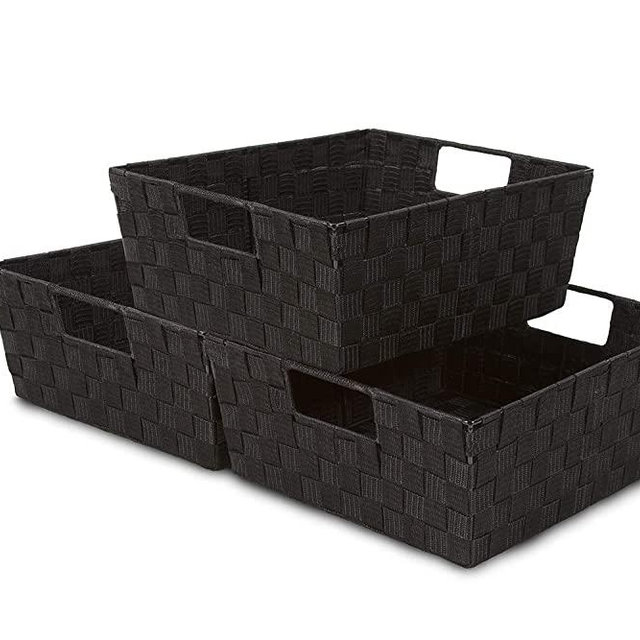 Sorbus Woven Basket Bin Set - Shelf Storage Tote Baskets for Household Items - Stackable with Woven Straps & Built-in Carry Handles (Black)