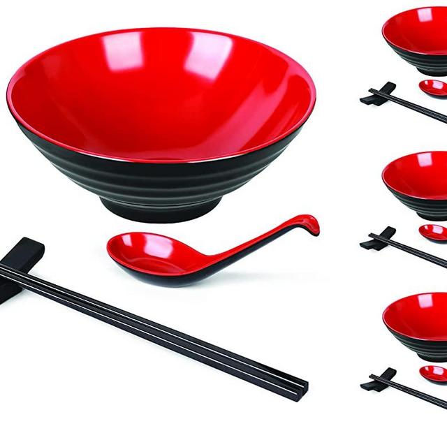 Annie's Kitchen 16 PC Restaurant Quality 33oz. Large Melamine Ramen Bowls and Spoons Set Complete Dinnerware Set with Chopsticks and Stands Korean Thai Miso Udon Pho Bowl Large Soup Bowl (Red)