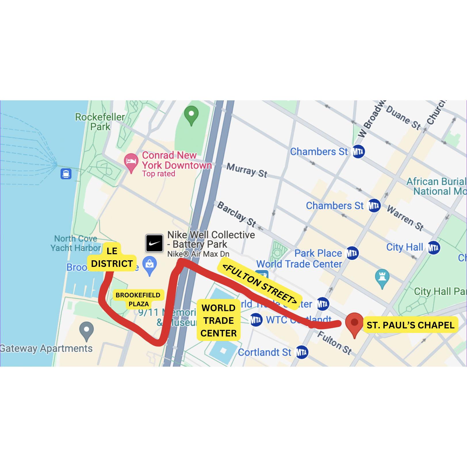 Walking route from St. Paul's Chapel to Le District!