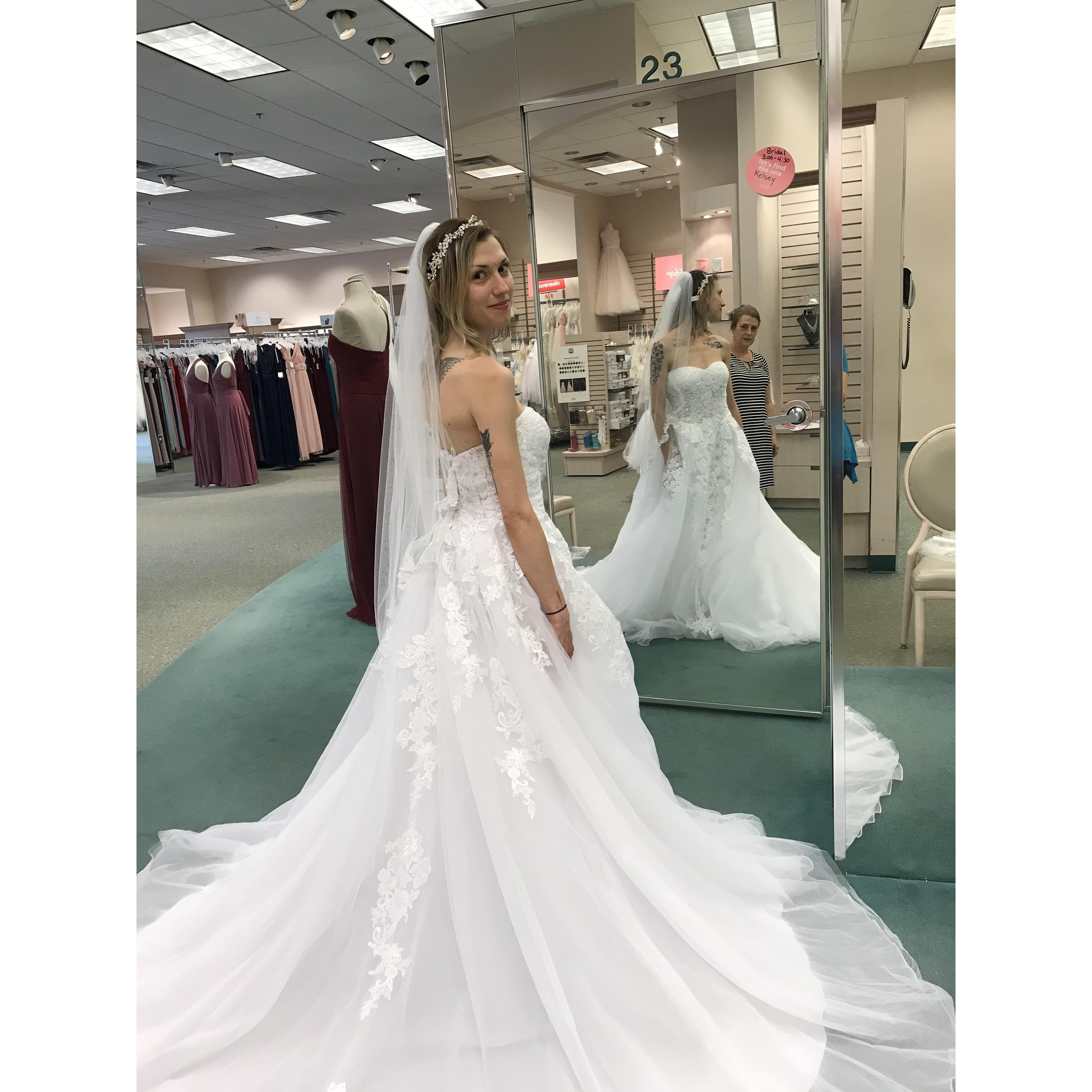 Having fun at David’s Bridal with mom .