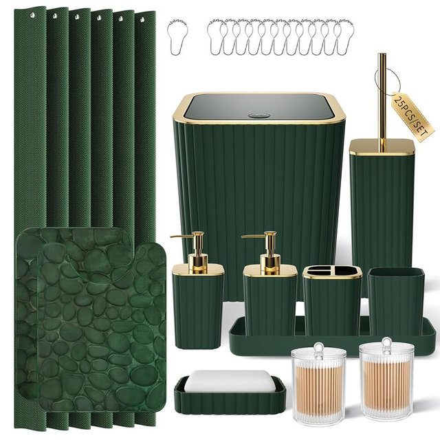 XLHOMO Bathroom Accessory Set - 25PC Green Bathroom Sets, Bathroom Set with Shower Curtain and Rugs, Dark Green Shower Curtain Set, Trash Can, Qtip Holder & Soap Dispenser