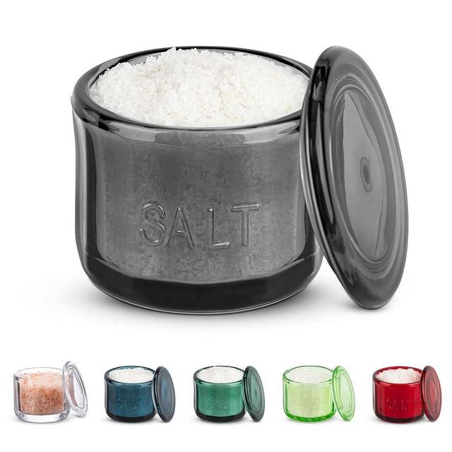 KooK Glass Salt Cellar, with Lid, Embossed Pressed Glass, Clear Storage Container, for Coffee, Sugar, Spices and Candies, 10 oz (Black)