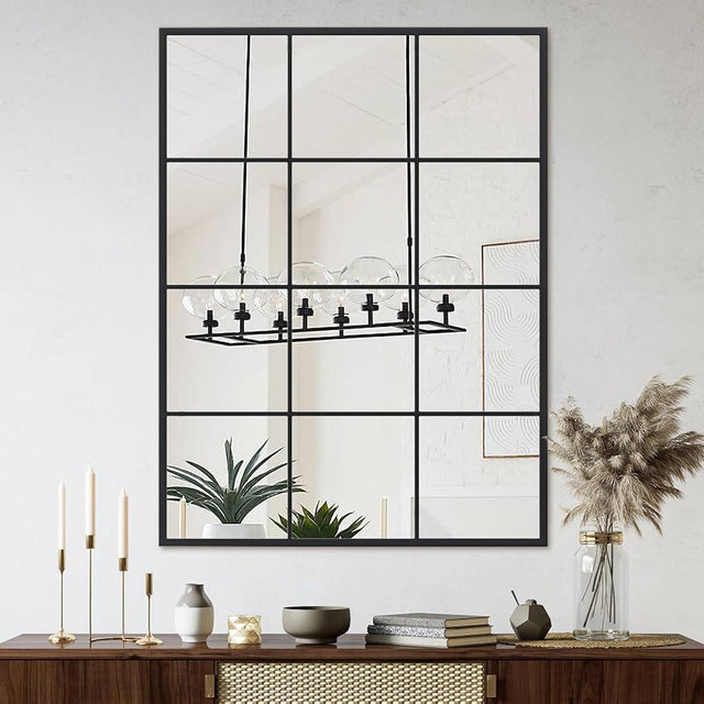 Suidia Wall Mirror, Rectangular 24"" x 36"" Window Decorative Mirrors, Metal Framed Wall Decor Farmhouse Mirror Window Pane Mirror Wall Decor for Bedroom, Living Room, Entryway, Rectangle-black