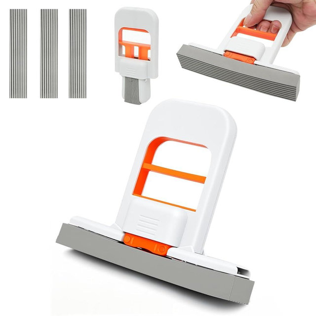 Self Squeezing Mini Mop, Orange Small Sponge Mop, Wet and Dry Use Cleaning System, Foldable Desktop Mop, One-Hand Squeeze Handle and Replaceable Head