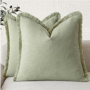 Foindtower Set of 2 Decorative Linen Fringe Throw Pillow Covers Boho Farmhouse Cushion Cover with Tassels Soft Accent Pillowcase for Couch Sofa Bed Living Room Home Decor,18×18 Inch,Light Sage Green