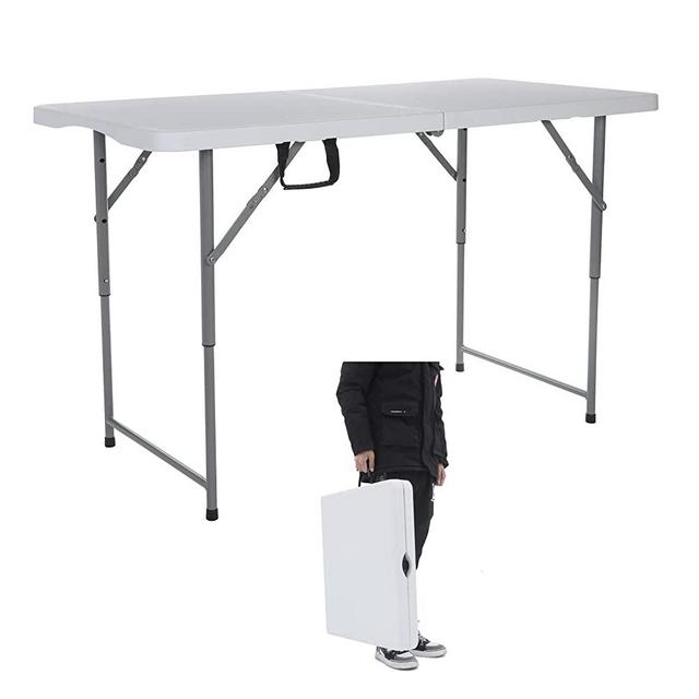 Lakhow 122CZ 4 Ft Folding Camping Table Adjustable Height（ 49/61/74CM） Portable Dining Table Party,Height Adjustable Craft Camping and Utility Folding Table,White Granite