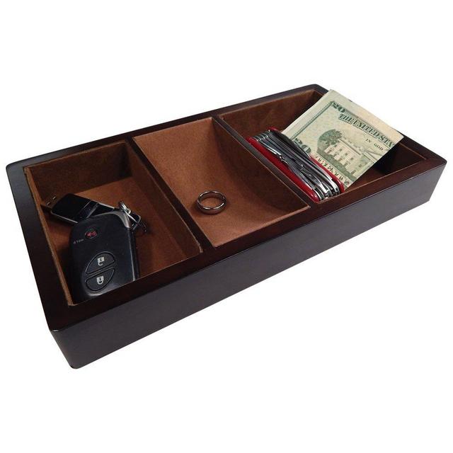 Profile Gifts Woltar Wooden Valet Tray with 3 Compartment Leatherette Organizer Box for Wallets, Coins, Keys, and Jewelry