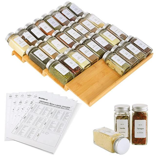KitHero Spice Drawer Organizer with 28 Spice Jars,216 Labels,50 Non-slip Rubber, Bamboo 4 Tier Seasoning Rack Tray Insert for Kitchen Drawers,Cabinets,Countertop,14.6" Wide x 15.8" Deep