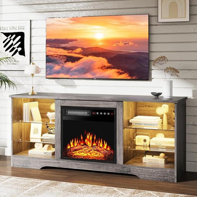 PRETZI Fireplace TV Stand -16 Colors LED Light Entertainment Center with 18" Electric Fireplace Heater & Remote Control,58" TV Media Console with Glass Shelves and Storage for Living Room,Grey
