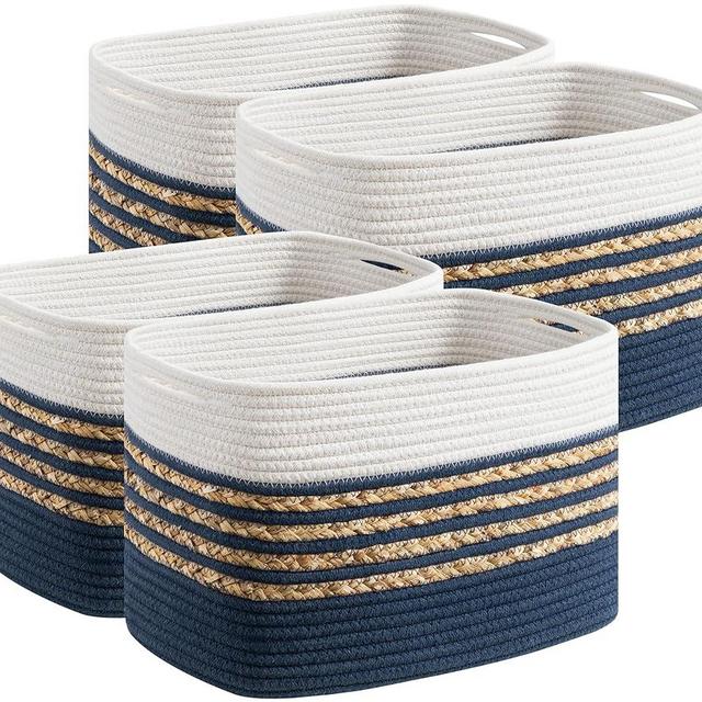 UBBCARE 4 Pack Baskets for Organizing, Woven Storage Baskets for Toys and Towel, Rectangle Cotton Rope Basket with Handles, 15''L x10''W x9''H, Navy Blue
