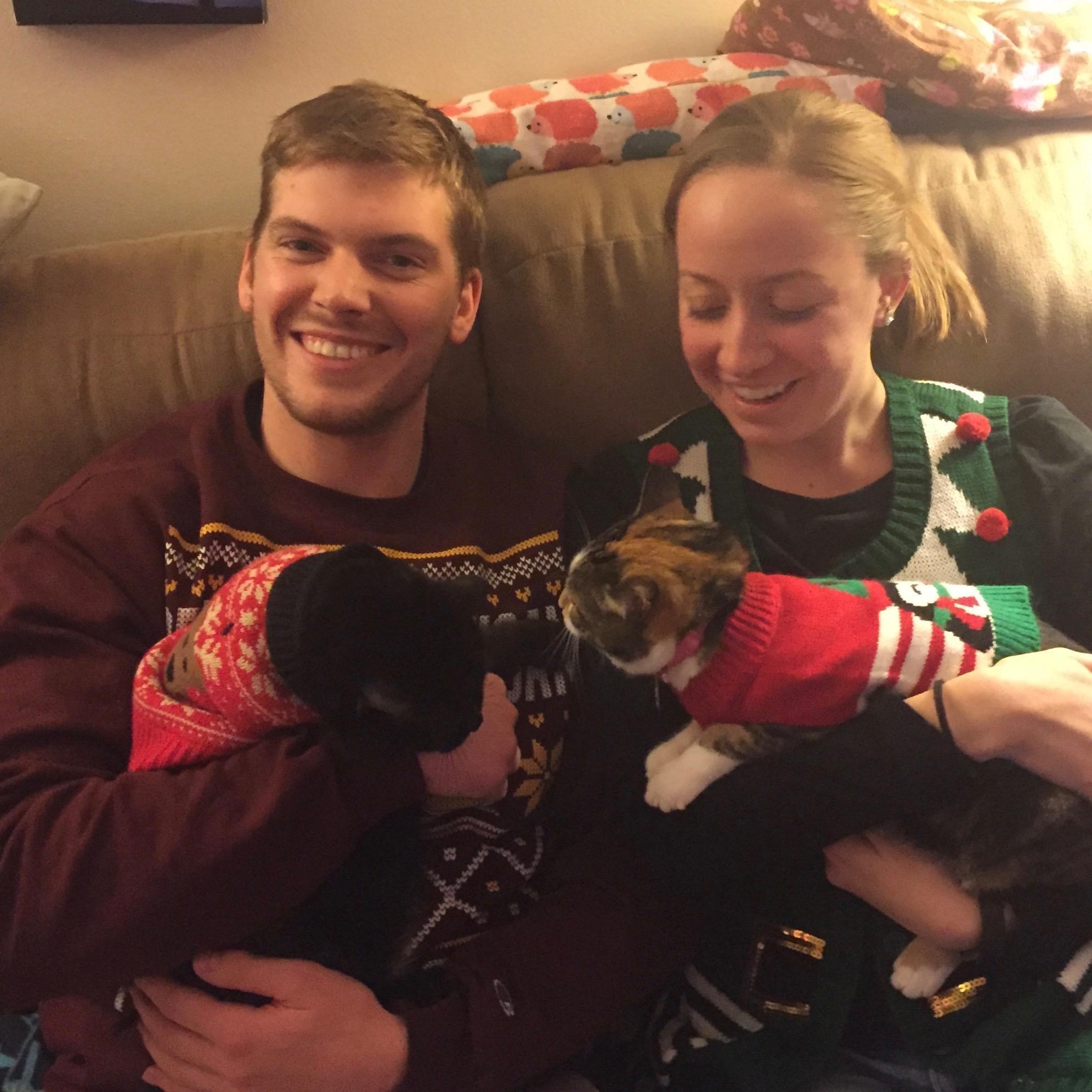 Attempting (and failing) Christmas card photos with both cats (2017).