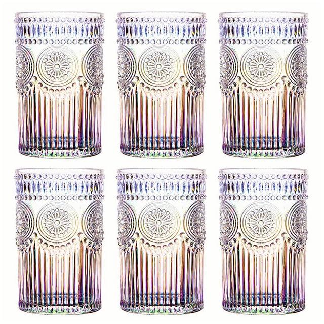 Kingrol 6 Pack 15 oz Romantic Water Glasses, Rainbow Drinking Glasses Tumblers, Vintage Glassware Set for Juice, Beverages, Beer, Cocktail
