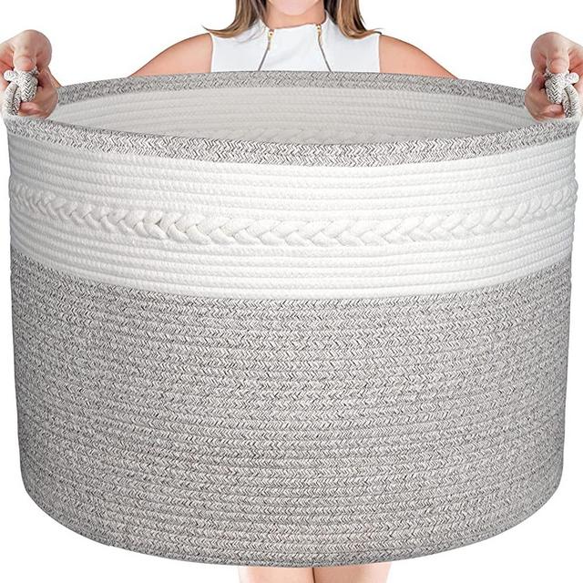 Large Cotton Rope Basket - 24" x 24" X 18" Blanket Storage Basket, Woven Baby Laundry Basket with Built-in Handles for Blanket Storage, Nursery Basket Soft Storage Bins (Brown)