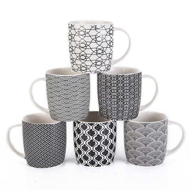 MACHUMA Set of 6 11.5 oz Coffee Mugs with Black and White Geometric Patterns, Ceramic Tea Cup Set