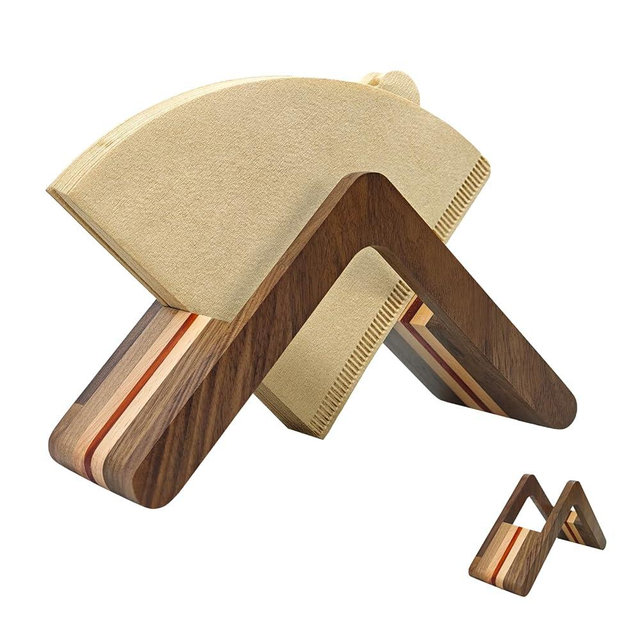 XIFOWE Wooden Coffee Filter Holder, #1#2 V60 Cone Coffee Filters Rose Wood Walnut Maple Coffee Paper Storage Rack, Modern and Stylish Design Coffee Accessories, Natural Colors, coffee Bar Decor