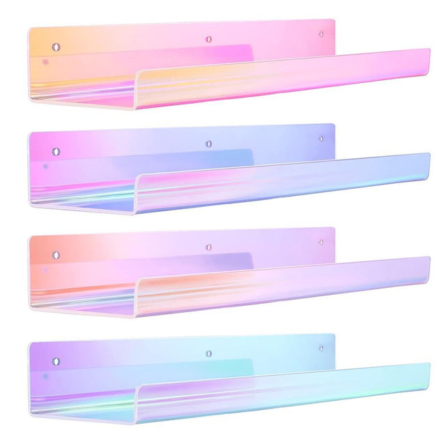 upsimples Iridescent Acrylic Shelves for Wall Storage, 15" Acrylic Floating Shelves, Kids Bookshelf, Nail Polish Holder, Perfume Display Wall Shelves for Bedroom, Living Room, Bathroom, Set of 4