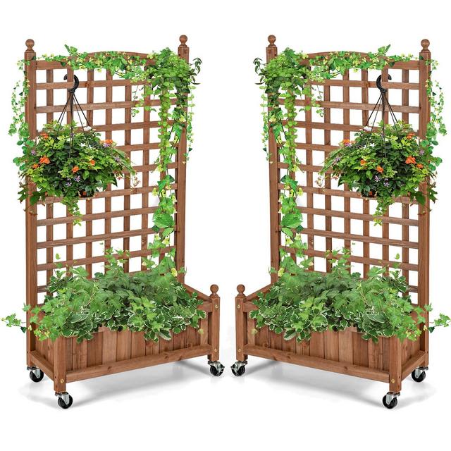 Costway 2PC 50in Wood Planter Box w/Trellis Mobile Raised Bed for Climbing Plant