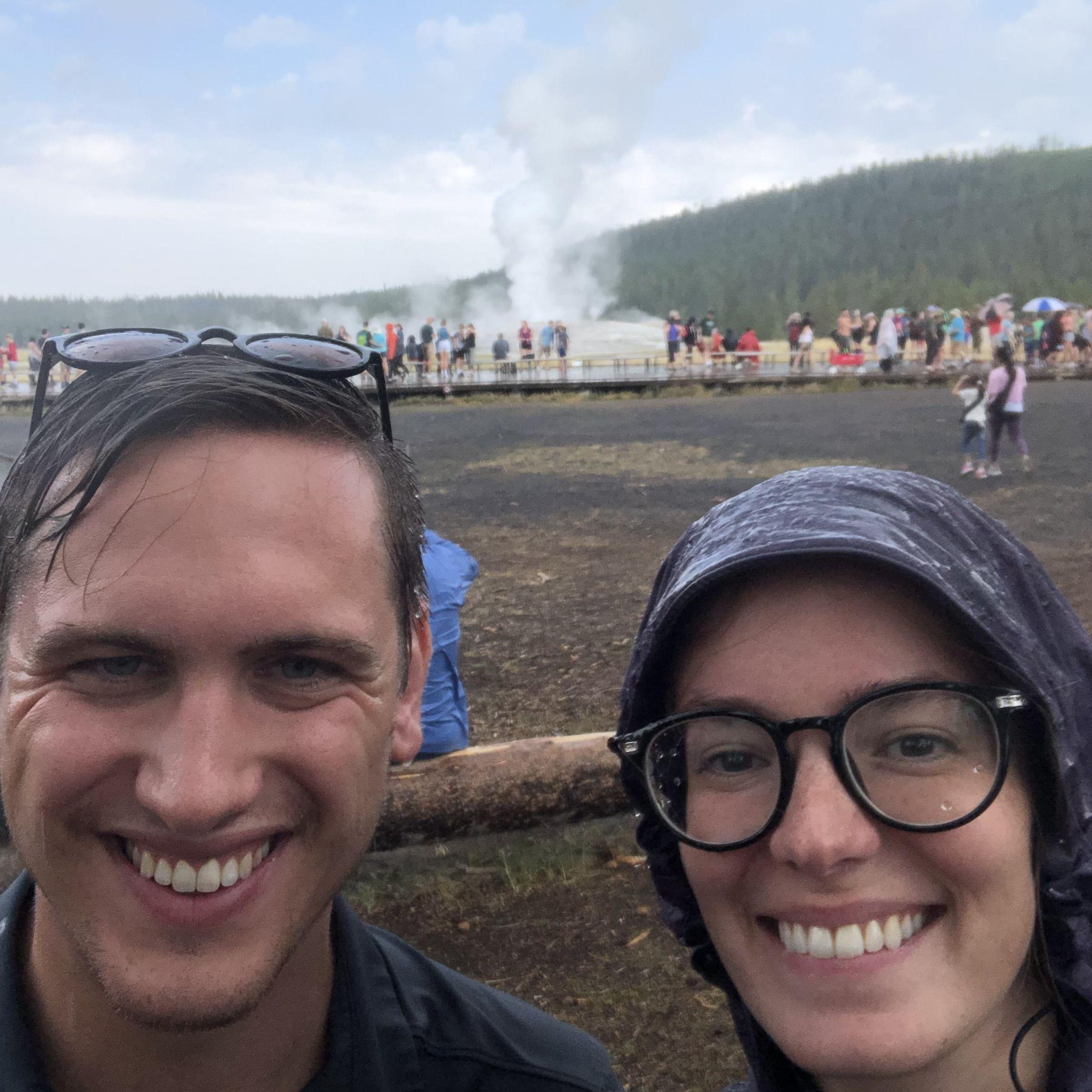 Hiking through Yellowstone and watching Old Faithful before we accidentally washed our keys down a drain and watched Old Faithful erupt another seven times (July 2021).