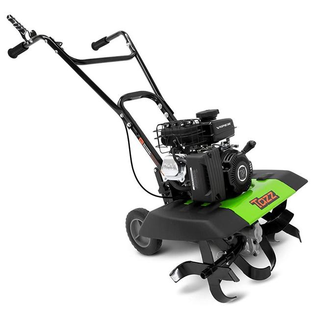 Tazz 35310 2-in-1 Front Tine Tiller/Cultivator, 79cc 4-Cycle Viper Engine, Gear Drive Transmission, Forged Steel Tines, Multiple Tilling Widths of 11”, 16” & 21”, Toolless Removable Side Shields,Green