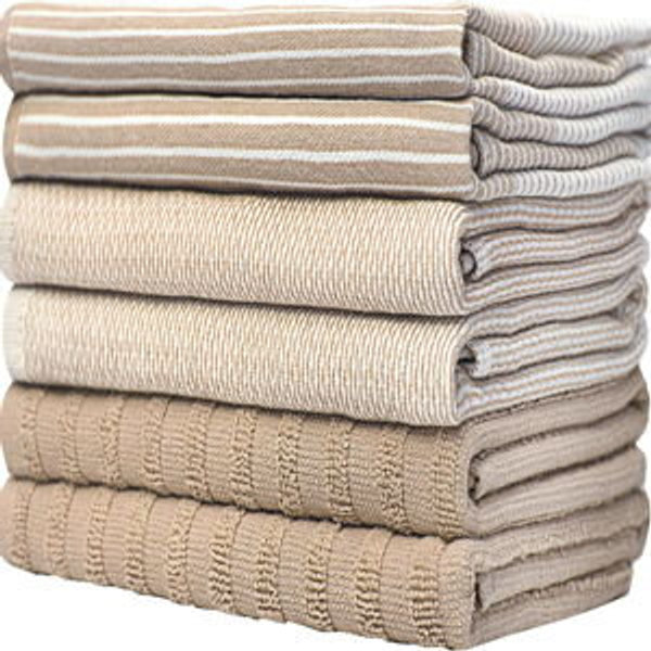 Premium Kitchen Towels (20”x 28”, 6 Pack) | Large Cotton Dish Towels | Flat & Terry Highly Absorbent Kitchen Linen Set with Hanging Loop | Tan