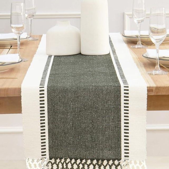 PurpleEssences Dobby Stripe Woven Table Runner Ribbed Summer Farmhouse Dining Room, 14x72 (14x77.5, Fringe Included) (Olive Green, 14 X 72 Inch)