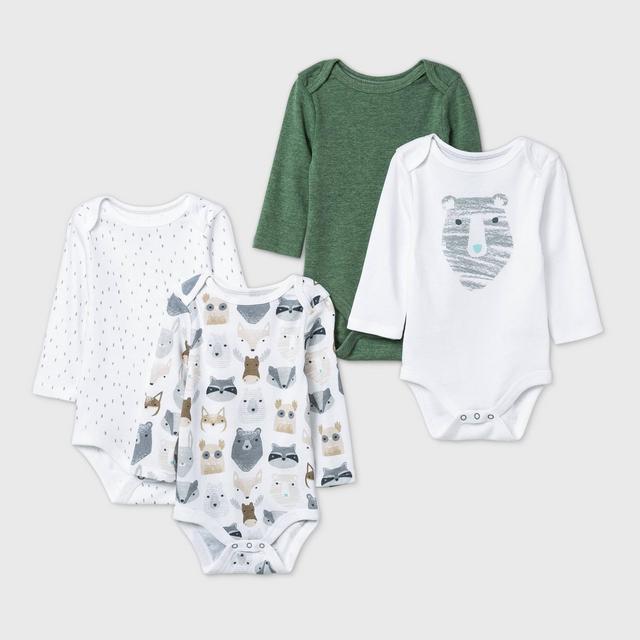 Baby Boys' 4pk Little Cub Long Sleeve Bodysuit - Cloud Island™ Olive Green/White 0-3M