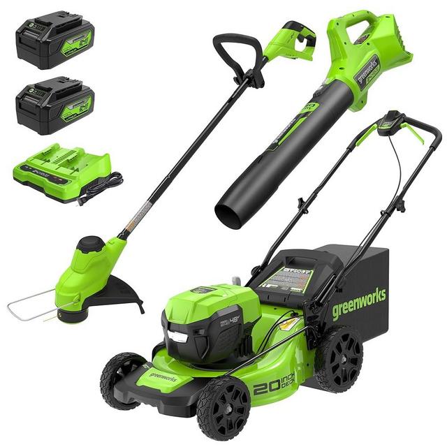 Greenworks 48V (2x24V) 20" Brushless Mower+12" String Trimmer +320CFM Blower,(2) 4.0Ah Batteries and 4A Dual Port Charger