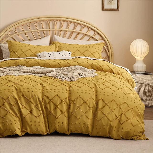 Bedsure Boho Duvet Cover Queen - Boho Bedding, Tufted Queen Duvet Cover for All Seasons, 3 Pieces Embroidery Shabby Chic Home Bedding Duvet Cover Set (Mustard Yellow, Queen, 90x90'')