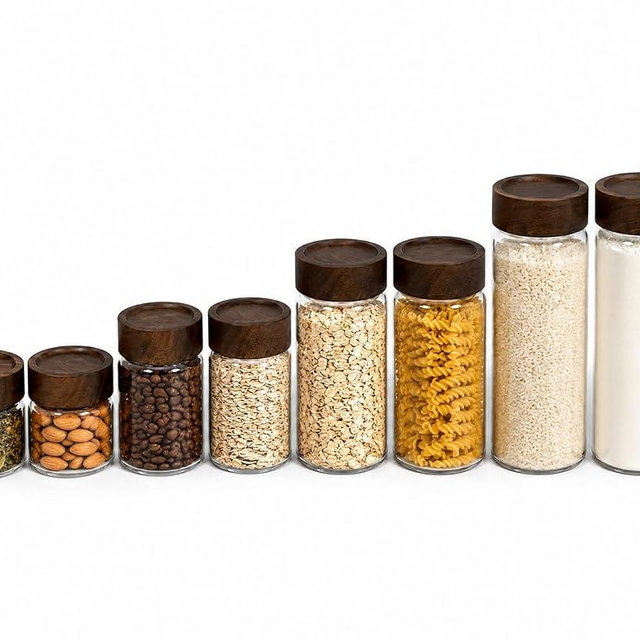 Sixhaven Wide Mouth Glass Storage Jars With 2.5" Acacia Wood Lids - Starter Pantry Set - 8 Jars - 4 Sizes - Food Storage Containers - Pantry Organizers and Storage (8, Transparent, Starter Pantry Set)