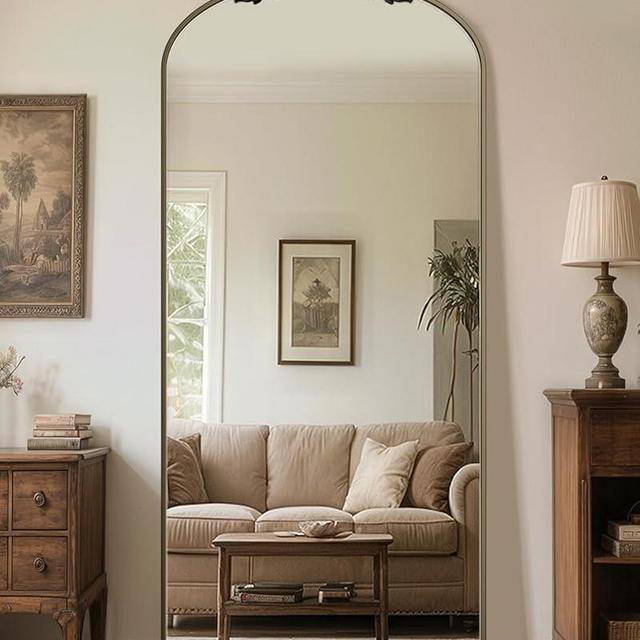 Arched Full Length Mirror, 71"x32" Floor Mirror Freestanding with Carved Metal Frame & Bottom Art Carved, Full Body Mirror for HomeDecor, Standing/Halling Large Wall Mirror for Bedroom, Bronze