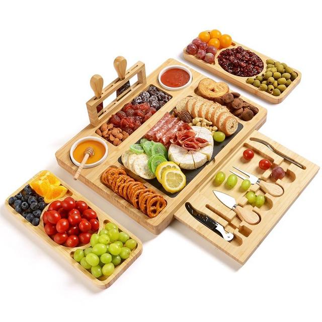 ROCIRLAB Large Charcuterie Boards (25"×12"×1.7") with 2 Trays, Large Cheese Board with Natural Slate, Idea for Wedding Gifts, House Warming Gifts, Christmas and Thanksgiving Gifts for Women