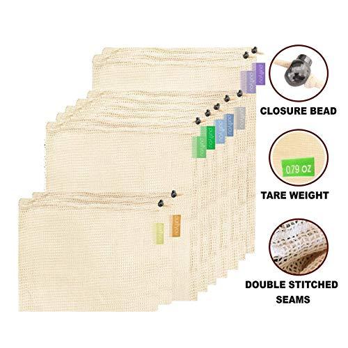 purifyou Premium Reusable Mesh/Produce Bags, Set of 9 | Raw, Organic, Unbleached Cotton | Double-Stitched, with Tare Weight on Tags | Large, Medium & Small