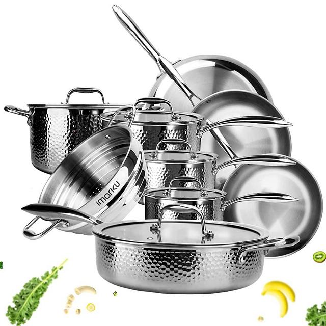 Stainless Steel Pots and Pans Set,imarku Kitchen Nonstick Cookware Sets,Tri-Ply Induction 14-Piece Cookware Essentials,Oven & Dishwasher Safe,Silver