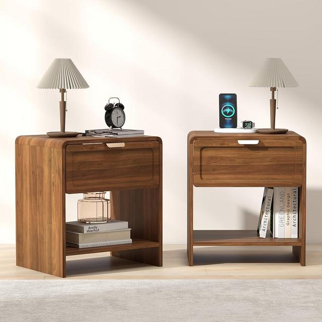 LEVNARY Nightstand Set of 2, Mid-Century Modern Bedside Table with Charging Station and Curved Top Corners, Wooden End Table for Farmhouse Bedroom Living Room (2, Walnut)