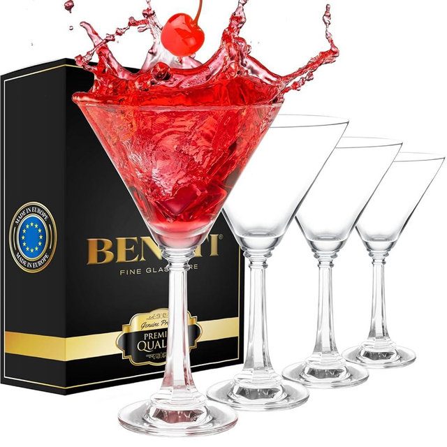 BENETI Tall Martini Glasses Set of 4 | Made in Europe | 11oz Long Stem Crystal Cocktail Bar Glasses | Perfect Wedding, Christmas, Holiday, or Birthday Gift for Men & Women of All Ages