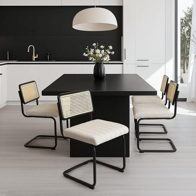 Zibeths Natural Rattan Dining Chairs Set of 4, Modern Kitchen Chairs with Solid Wood Back, Upholstered Cesca Side Chairs with Comfy Linen Cushion