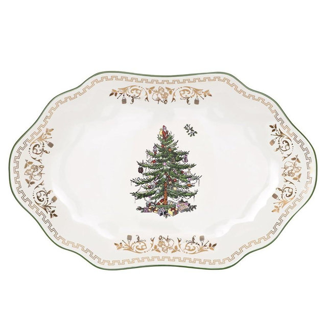 Spode Christmas Tree Gold Medium Oval Platter, 13-Inch Fine Porcelain - Nostalgic Holiday Serveware, Decorative Christmas Tree Pattern with Gold Rim - Dishwasher, Freezer Safe - Festive Table Decor