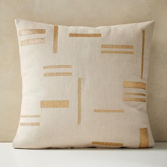 Embroidered Metallic Blocks Pillow Cover, 24"x24", Belgian Flax