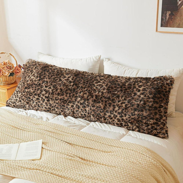 XeGe Fluffy Faux Fur Leopard Print Body Pillow Cover, 20x54 Fuzzy Cheetah Print Body Pillowcase with Zipper, Plush Furry Long Bed Bolster Pillow Cover for Pregnant Women Side Sleeper, Brown and Black
