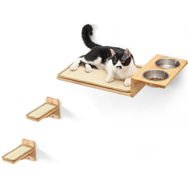 FUKUMARU Cat Wall Shelves, 3 in 1 Cats Walls Furniture Set, Food Station with 2 Steps, Solid Rubber Wood Perch, Suitable for Kitten Play, Nap, Eat, DIY Wall Jungle Gym
