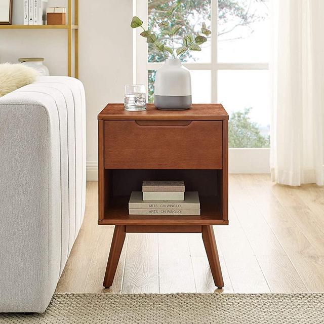 MUSEHOMEINC Mid-Century Modern Solid Wood Nightstand/Bedside Table for Bedroom,End Table for Living Room with 1 Storage Drawer and Open Shelf,Walnut