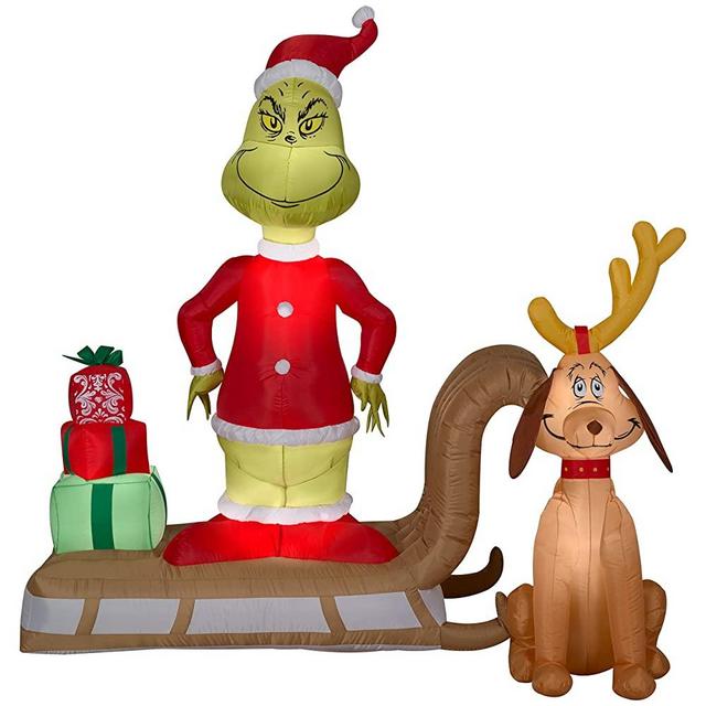 Gemmy 111796 Pre-lit Grinch and Max On Sled Scene Inflatable, Green/Red/Multicolor