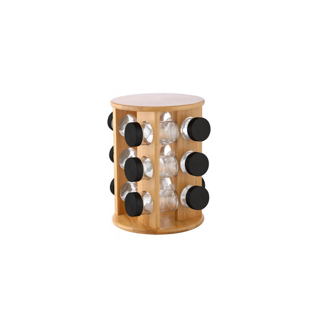 Glass Spice Jar Set with Rotating Bamboo Rack – 12 Pc Spice Container with Airtight Black Lid for Herbs & Seasoning, Space-Saving Countertop Organizer