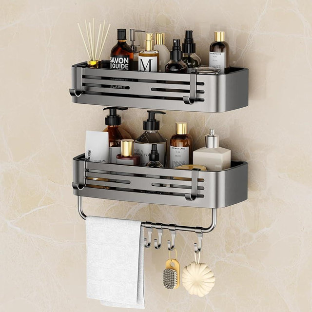 SUBUCOYO Shower Caddy Suction Cup, 2 Pack No Drilling Square Shower Shelves Aluminum Alloy Removable Bathroom Suction Showers Organizer Storage Rack with Towel Bar & Hooks(Gray)