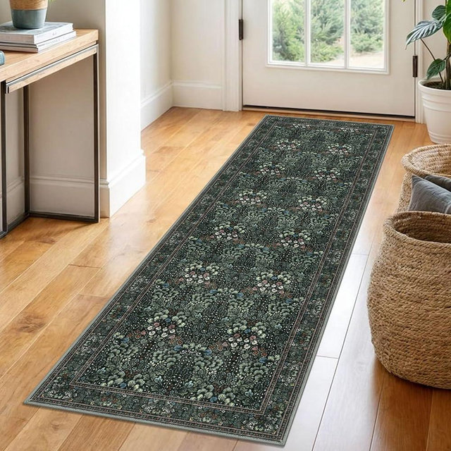 SIILOOM 2x6 Dark Green Washable Runner Rug for Hallways, Soft Floor Modern Kitchen Rugs with Non-Slip, Non-Shedding Boho Rug for Bedroom Kitchen Porch Laundry Entryway